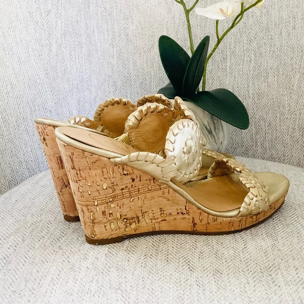 Jack Rogers Gold Leather Wedge Slide Sandals